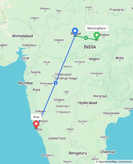 Route map showing distance and travel time from Narsinghpur, India to Goa, India