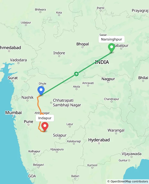 Route map showing distance and travel time from Narsinghpur, India to Indapur, India
