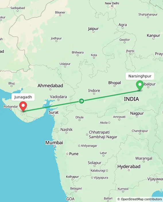 Route map showing distance and travel time from Narsinghpur, India to Junagadh, India