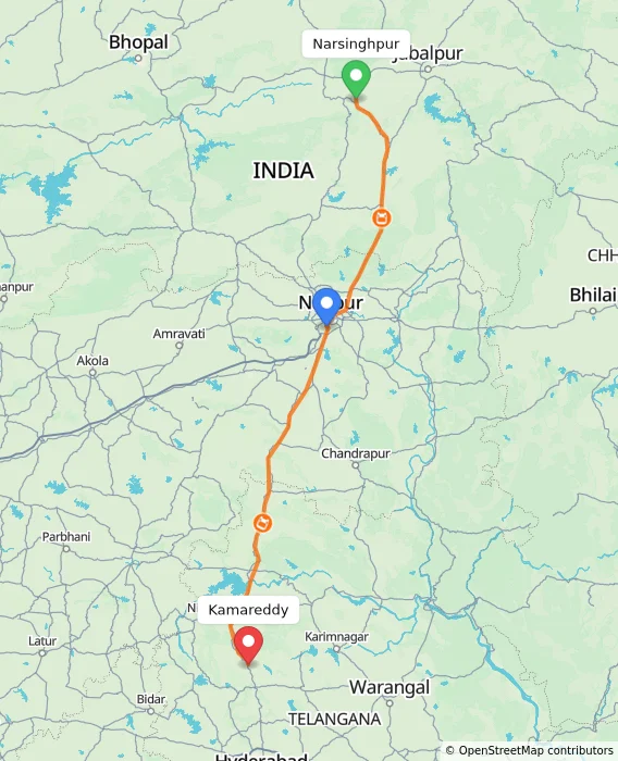 Route map showing distance and travel time from Narsinghpur, India to Kamareddy, India