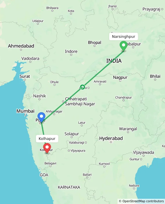 Route map showing distance and travel time from Narsinghpur, India to Kolhapur, India