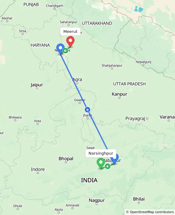 Route map showing distance and travel time from Narsinghpur, India to Meerut, India