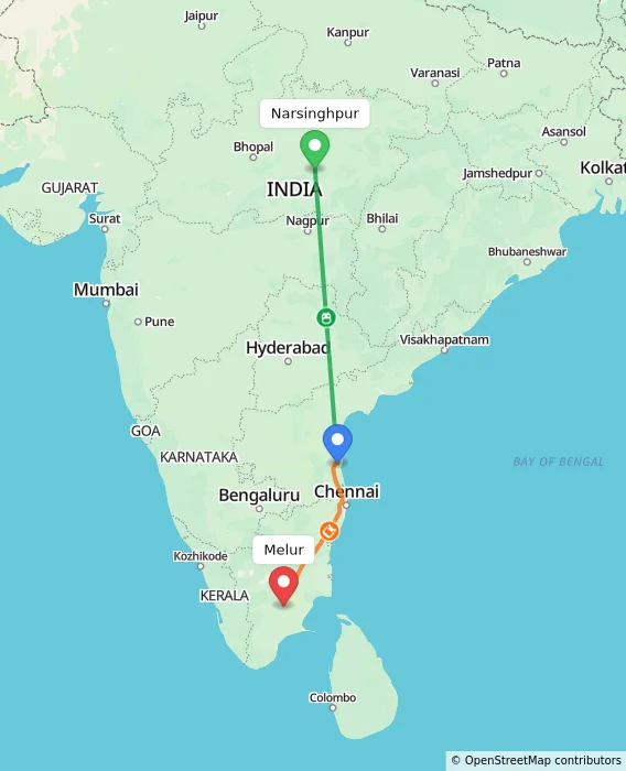 Route map showing distance and travel time from Narsinghpur, India to Melur, India