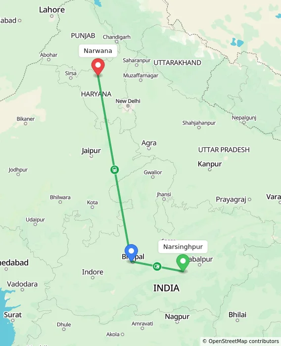 Route map showing distance and travel time from Narsinghpur, India to Narwana, India