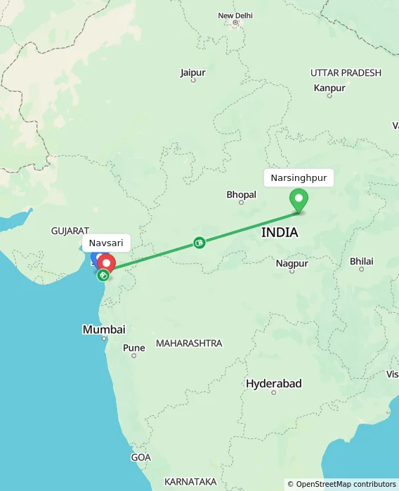 Route map showing distance and travel time from Narsinghpur, India to Navsari, India