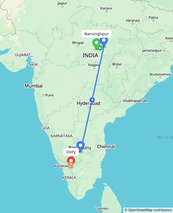 Route map showing distance and travel time from Narsinghpur, India to Ooty, India