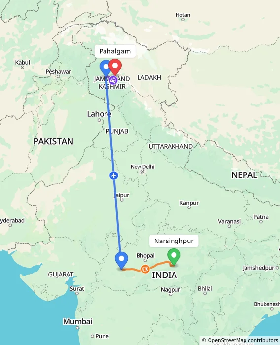Route map showing distance and travel time from Narsinghpur, India to Pahalgam, India
