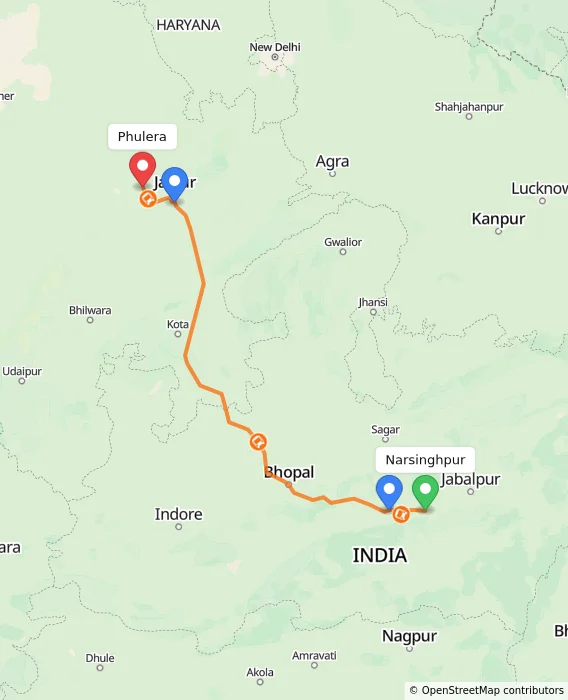 Route map showing distance and travel time from Narsinghpur, India to Phulera, India
