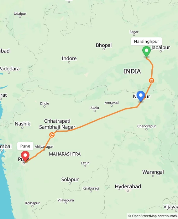 Route map showing distance and travel time from Narsinghpur, India to Pune, India