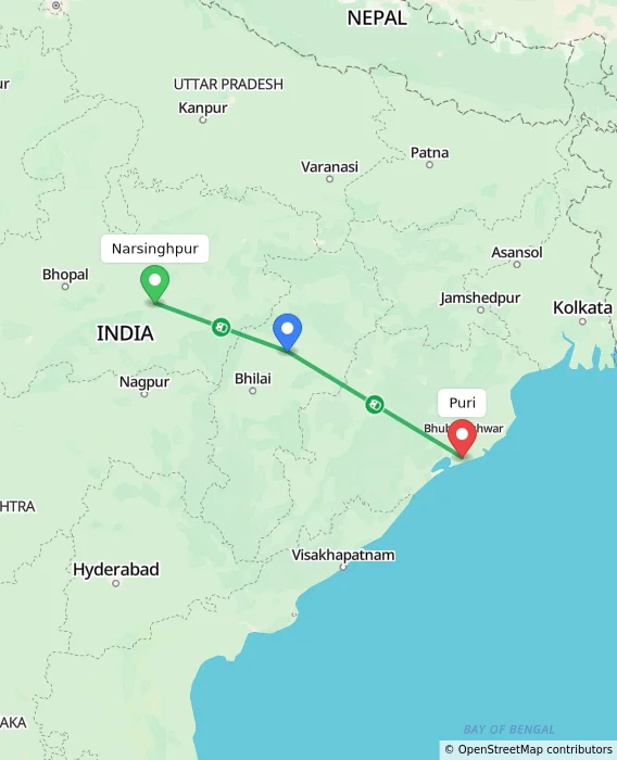 Route map showing distance and travel time from Narsinghpur, India to Puri, India