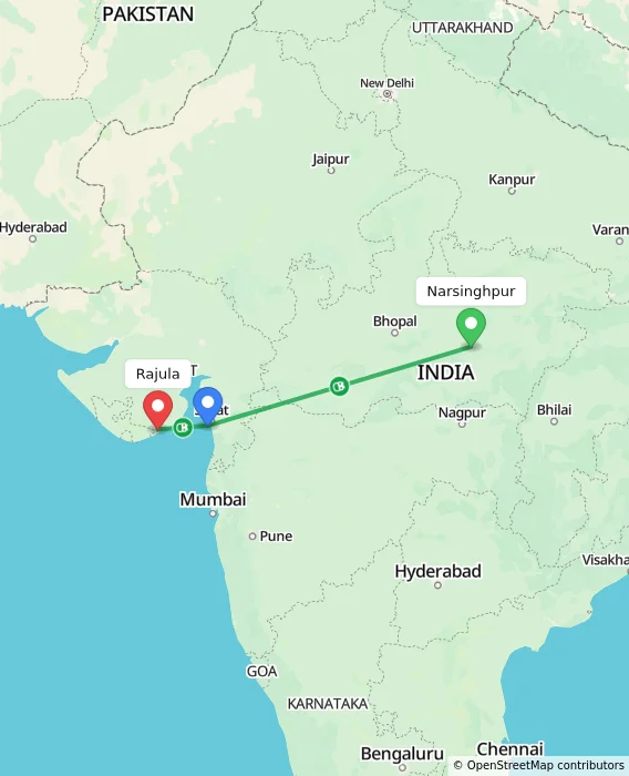 Route map showing distance and travel time from Narsinghpur, India to Rajula, India