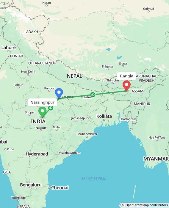 Route map showing distance and travel time from Narsinghpur, India to Rangia, India