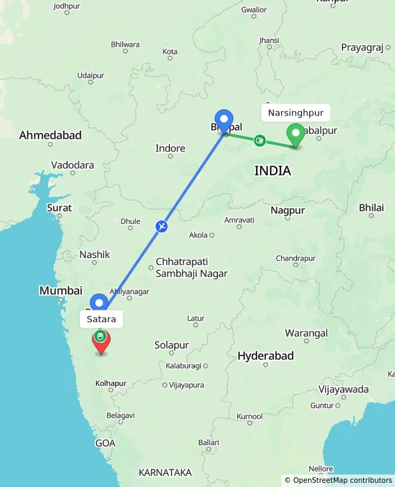 Route map showing distance and travel time from Narsinghpur, India to Satara, India
