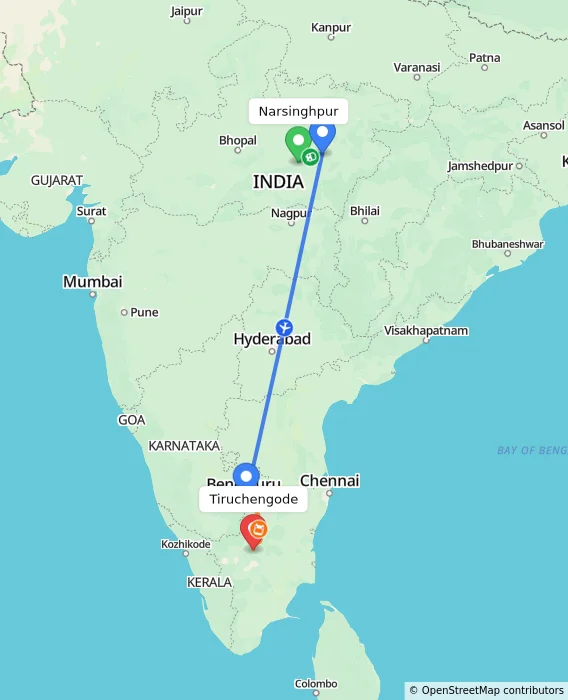 Route map showing distance and travel time from Narsinghpur, India to Tiruchengode, India