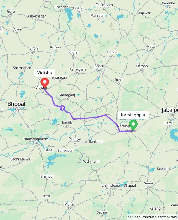 Route map showing distance and travel time from Narsinghpur, India to Vidisha, India