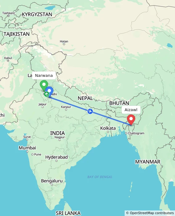 Route map showing distance and travel time from Narwana, India to Aizawl, India