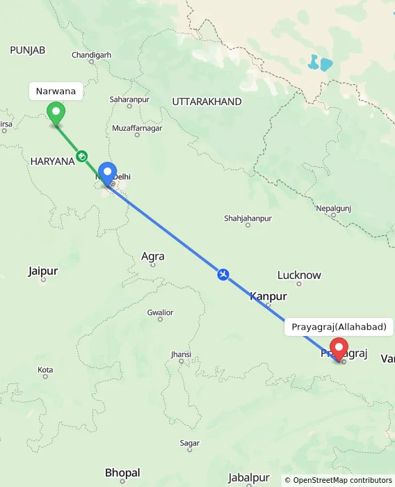 Route map showing distance and travel time from Narwana, India to Allahabad, India