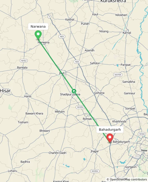 Route map showing distance and travel time from Narwana, India to Bahadurgarh, India
