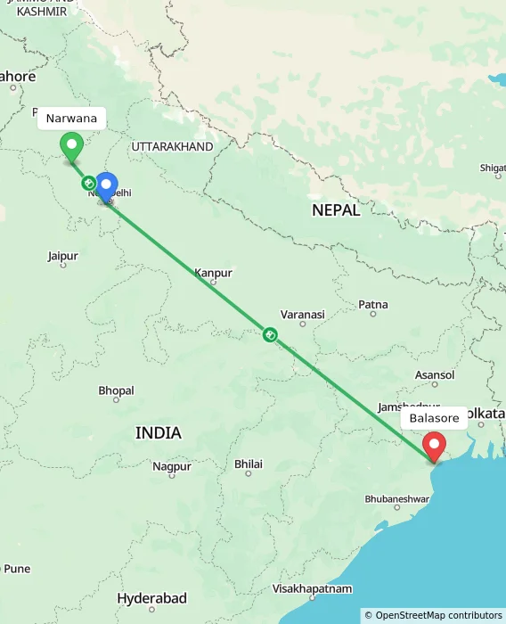Route map showing distance and travel time from Narwana, India to Balasore, India
