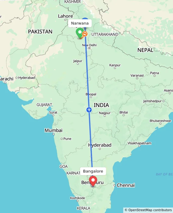 Route map showing distance and travel time from Narwana, India to Bangalore, India