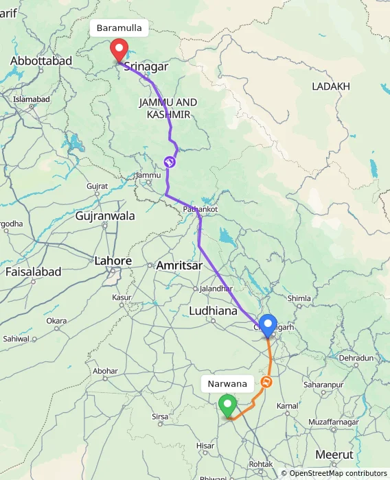 Route map showing distance and travel time from Narwana, India to Baramulla, India