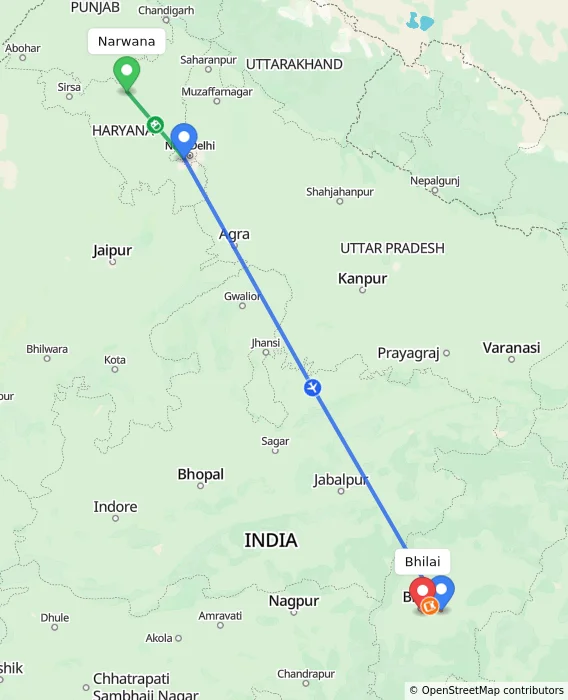 Route map showing distance and travel time from Narwana, India to Bhilai, India