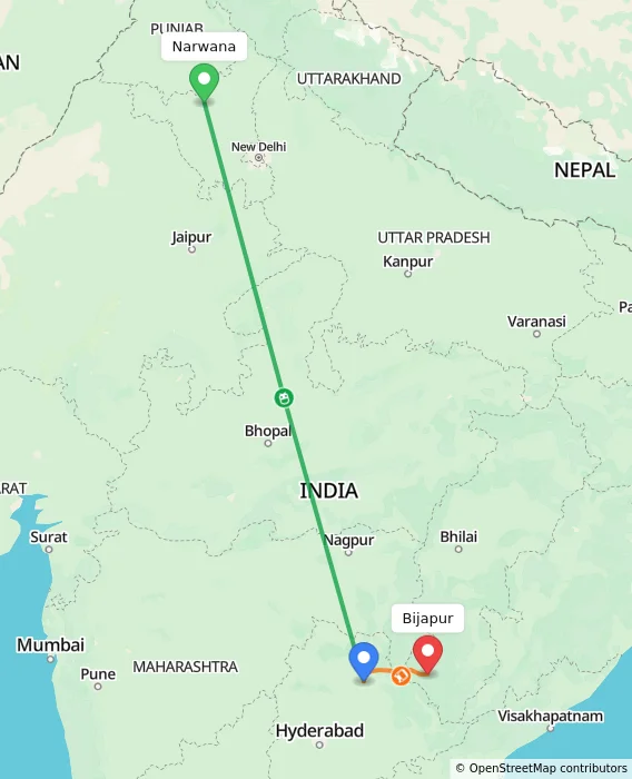 Route map showing distance and travel time from Narwana, India to Bijapur, India