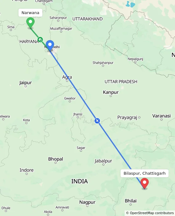 Route map showing distance and travel time from Narwana, India to Bilaspur, Chattisgarh, India