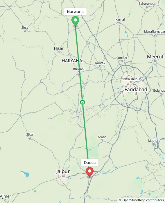 Route map showing distance and travel time from Narwana, India to Dausa, India