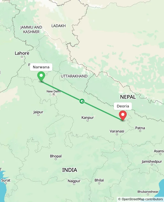 Route map showing distance and travel time from Narwana, India to Deoria, India