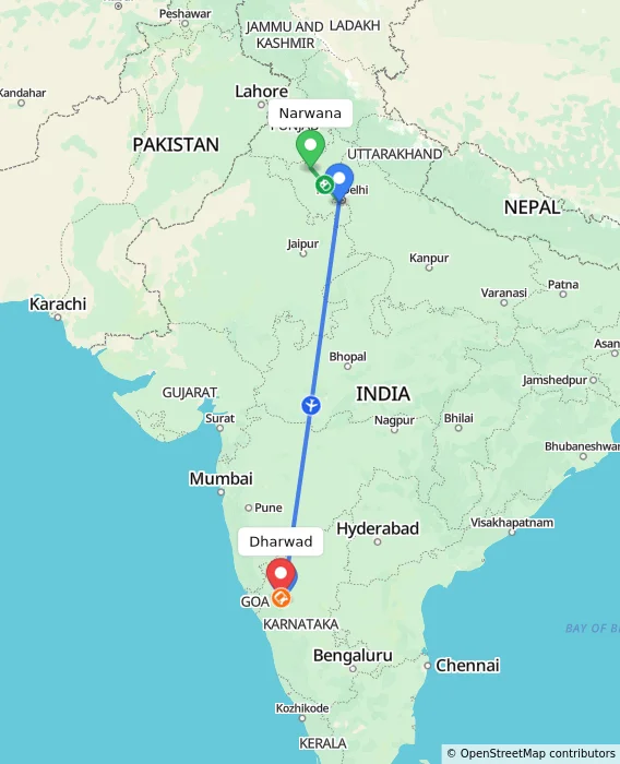 Route map showing distance and travel time from Narwana, India to Dharwad, India