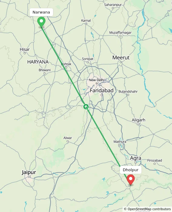 Route map showing distance and travel time from Narwana, India to Dholpur, India