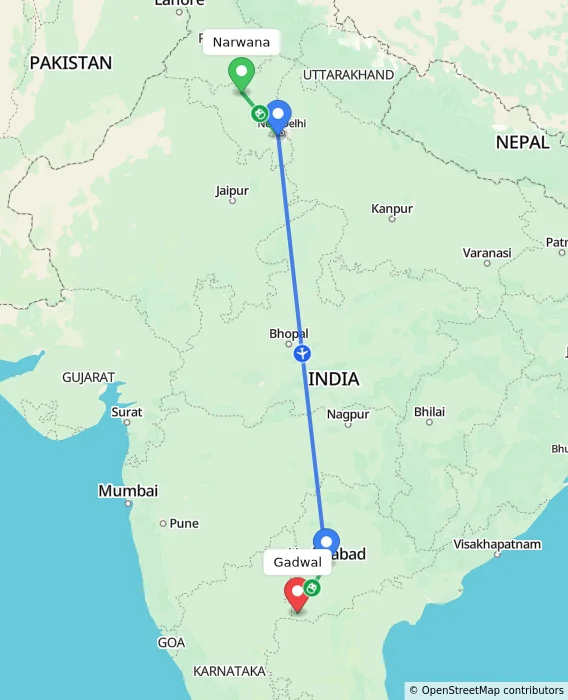 Route map showing distance and travel time from Narwana, India to Gadwal, India