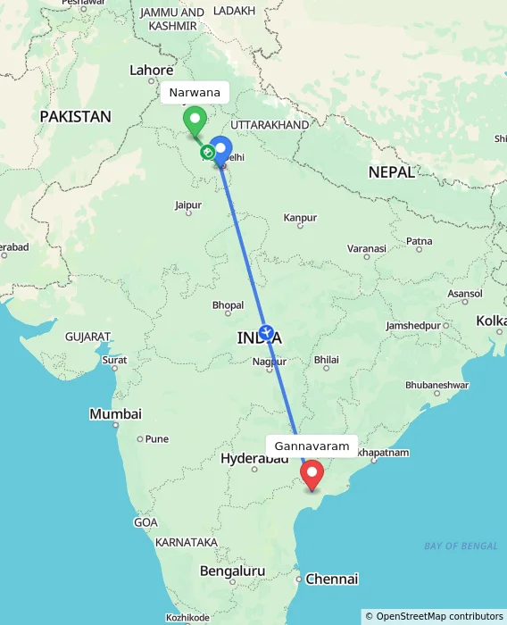 Route map showing distance and travel time from Narwana, India to Gannavaram, India