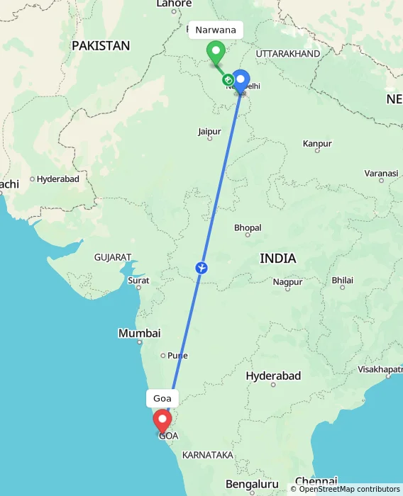 Route map showing distance and travel time from Narwana, India to Goa, India