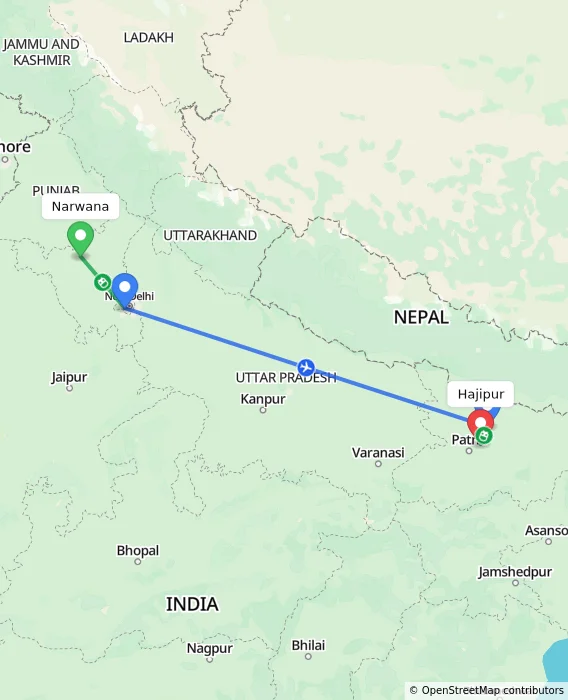 Route map showing distance and travel time from Narwana, India to Hajipur, India