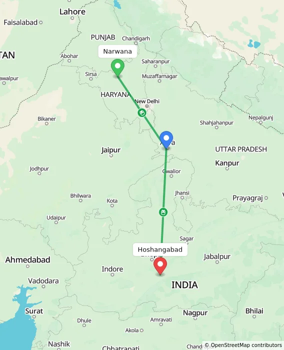 Route map showing distance and travel time from Narwana, India to Hoshangabad, India