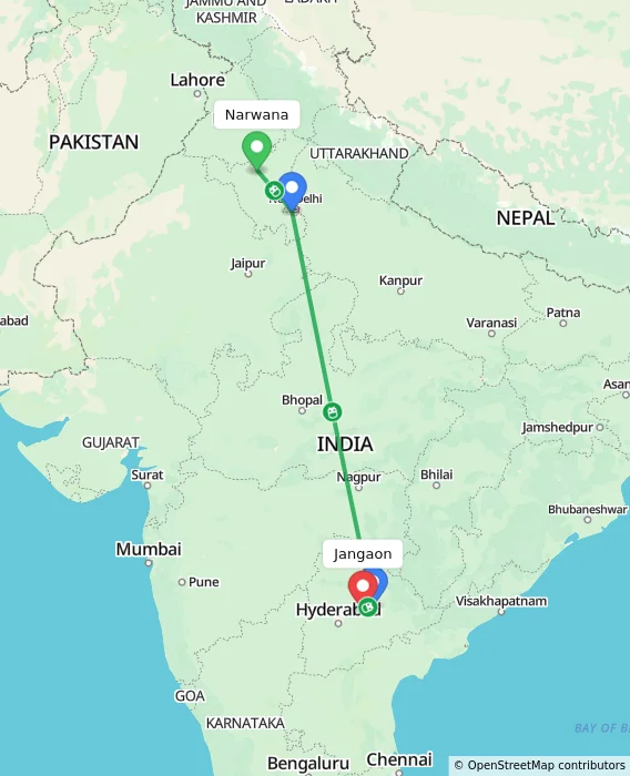 Route map showing distance and travel time from Narwana, India to Jangaon, India