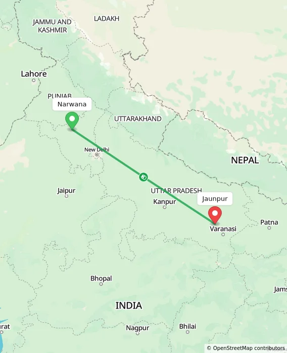 Route map showing distance and travel time from Narwana, India to Jaunpur, India
