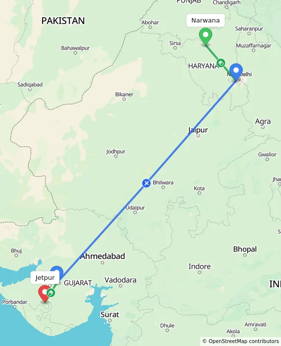 Route map showing distance and travel time from Narwana, India to Jetpur, India