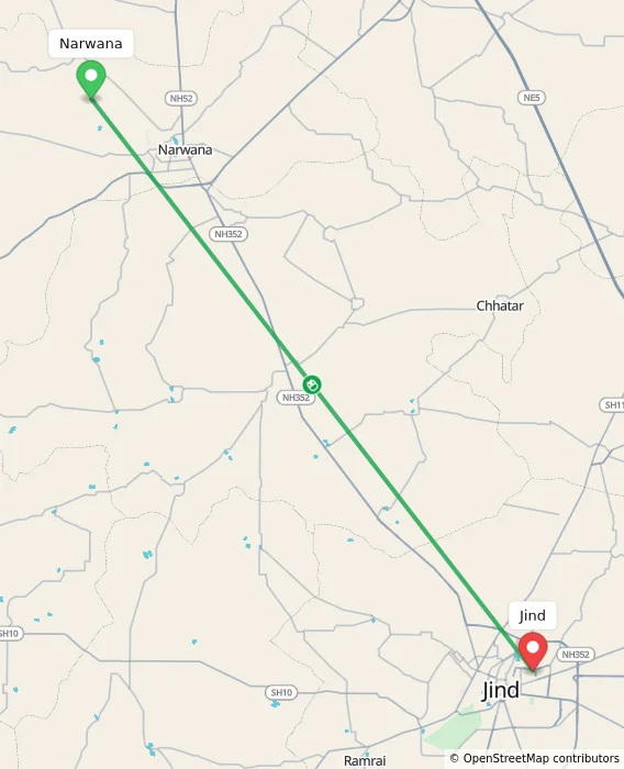 Route map showing distance and travel time from Narwana, India to Jind, India