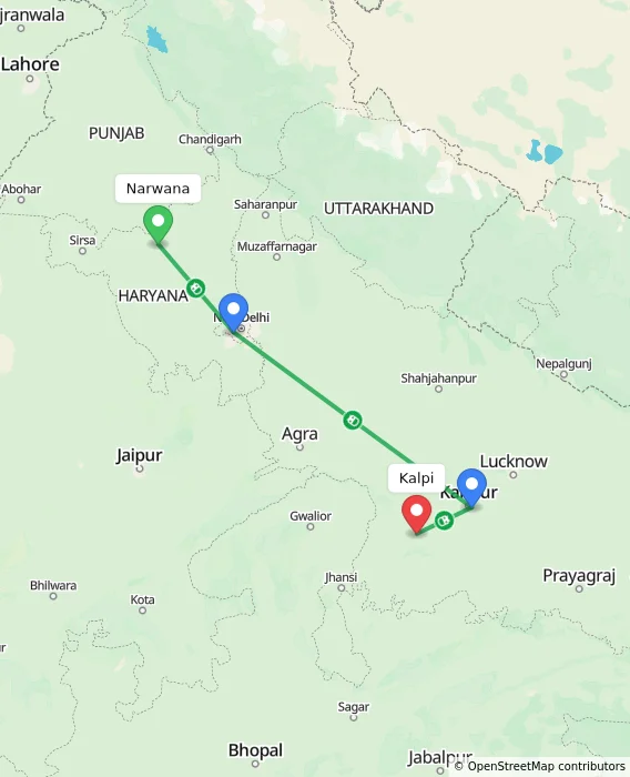 Route map showing distance and travel time from Narwana, India to Kalpi, India