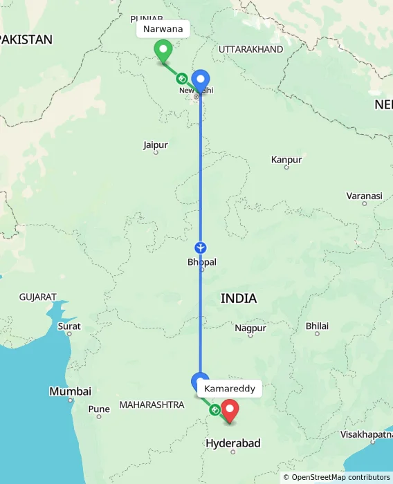 Route map showing distance and travel time from Narwana, India to Kamareddy, India