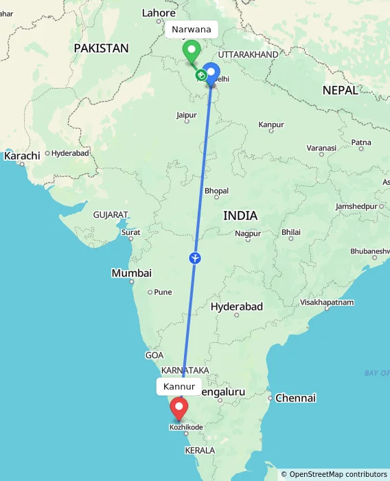 Route map showing distance and travel time from Narwana, India to Kannur, India