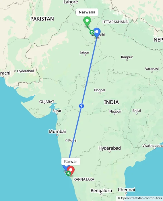 Route map showing distance and travel time from Narwana, India to Karwar, India