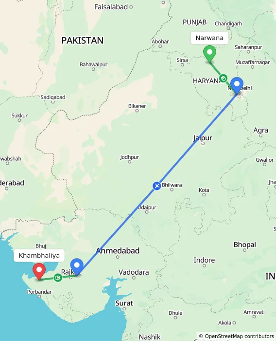 Route map showing distance and travel time from Narwana, India to Khambhaliya, India