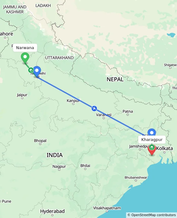 Route map showing distance and travel time from Narwana, India to Kharagpur, India