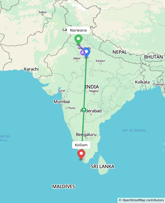 Route map showing distance and travel time from Narwana, India to Kollam, India