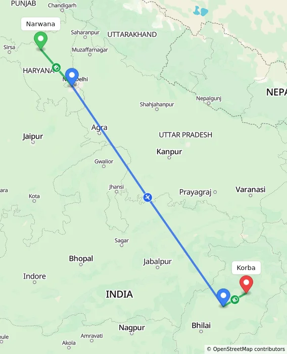 Route map showing distance and travel time from Narwana, India to Korba, India