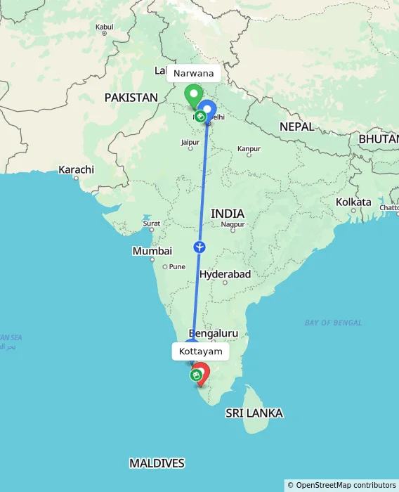 Route map showing distance and travel time from Narwana, India to Kottayam, India